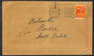 USA #811 PREXY STAMP TEXAS TO SOUTH DAKOTA COVER 1939