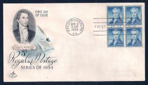 UNITED STATES FDC 5¢ Monroe BLOCK Hand Color 1954 ArtCraft