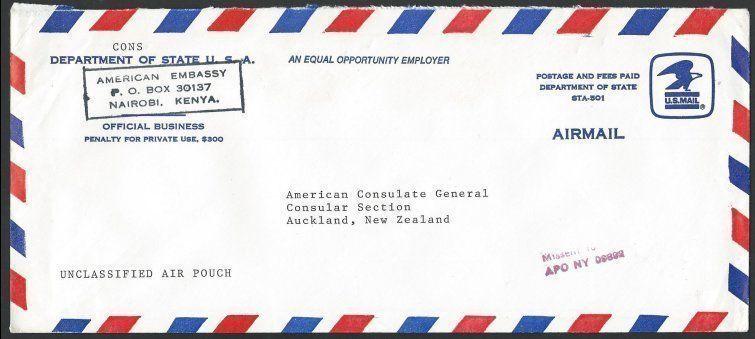 USA EMBASSY KENYA c1995 airmail cover to NZ, MISSENT TO / APO NY 09892.....10733