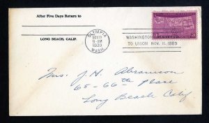 # 858 First Day Cover addressed,  no cachet Olympia, WA - 11-11-1939 - # 2