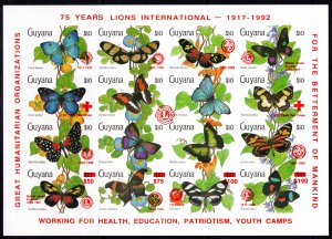 Guyana 1992 BUTTERFLIES/75th.YEARS LIONS INTERNATIONAL RED OVPT.IMPERFORATED MNH