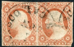 #11 – 1855 3c George Washington, dull red, type I, Pair. Used. VF.