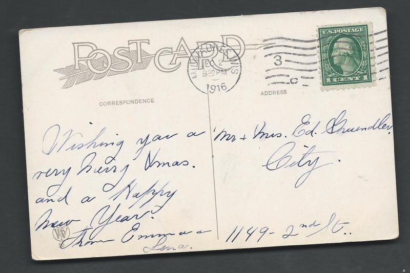 Scott # 462 on a Christmas Card posted Dec 2nd 1916 from Milwaukee WIS.