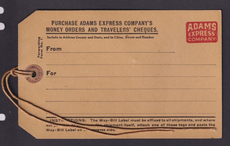 Adams Express Co. Tag for Attaching Way Label to Shipment, Ca. 1912.