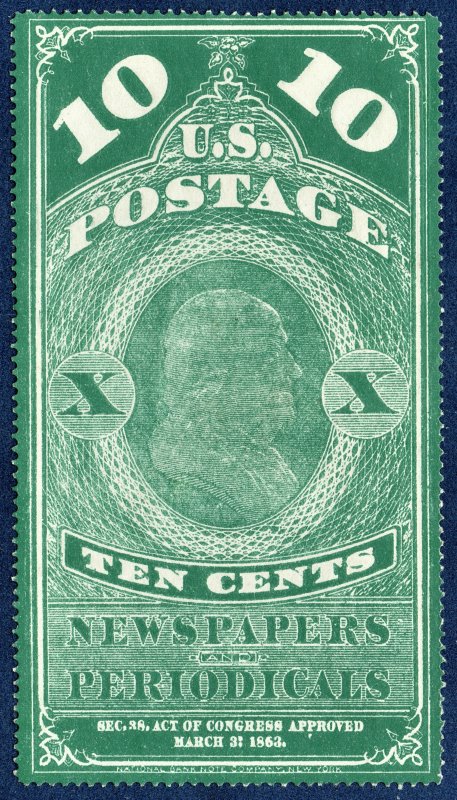 [0978] 1865 Scott#PR2 MNG 10¢ Green cv:$300 NEWSPAPER