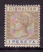 Gibraltar-Sc#36A- id10-unused hinged 1p QV-1889-please note rainbow  colouring