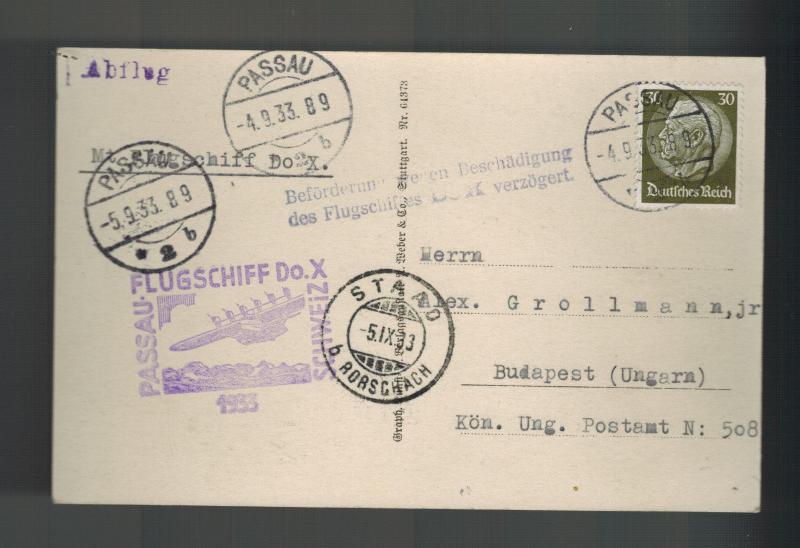1933 Passau Germany DOX RPPC Postcard Cover to Hungary Swiss Flight