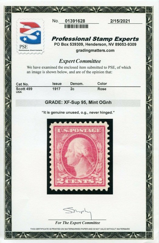 US SCOTT #499 MINT-XF-SUP-OG-NH GRADED 95 W/ PSE CERT SMQ $90 (2/27/21 GP)