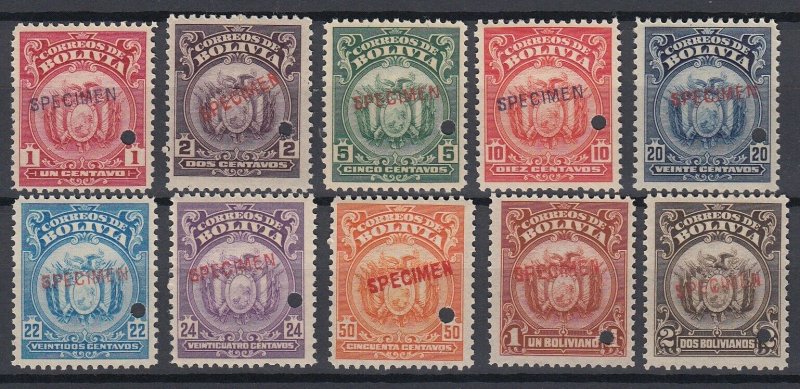 Bolivia 1919-20 Complete ABN Set with Specimen overprint. MNH. Scott 118-127var