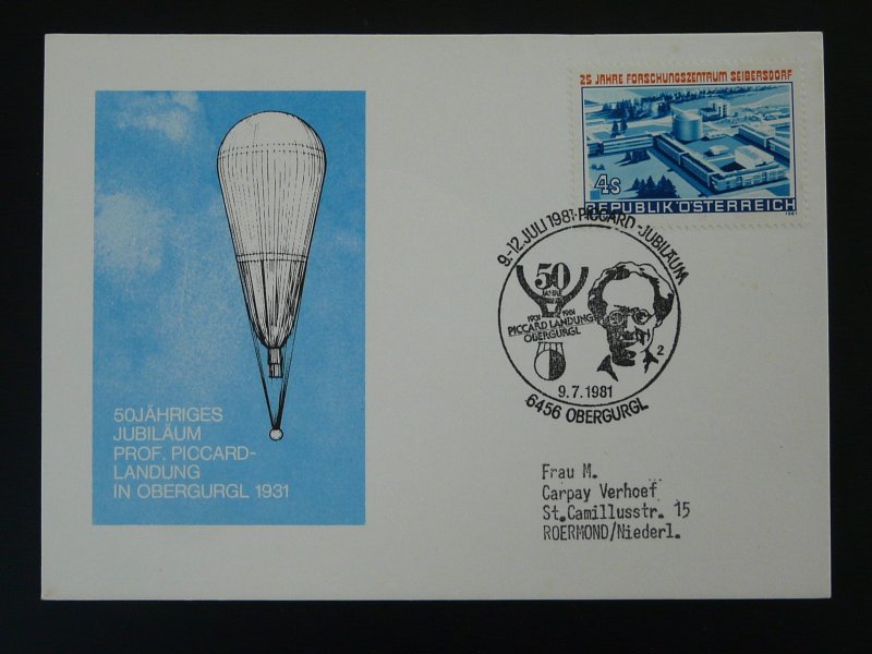 hot air balloon Auguste Piccard commemorative card Austria 1981 ref 100159