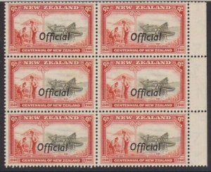 NEW ZEALAND 1940 Centenary 9d OFFICIAL MNH block of 6.......................V420