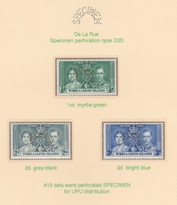 TURKS & CAICOS  1937 CORONATION  SPECIMEN   set of 3