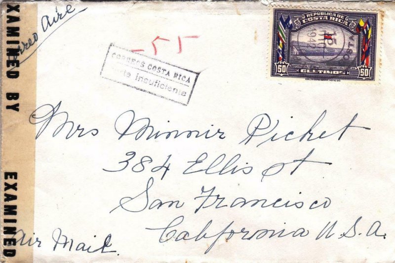 1942, Costa Rica to San Francisco, CA, Censored, See Remark (C3292)