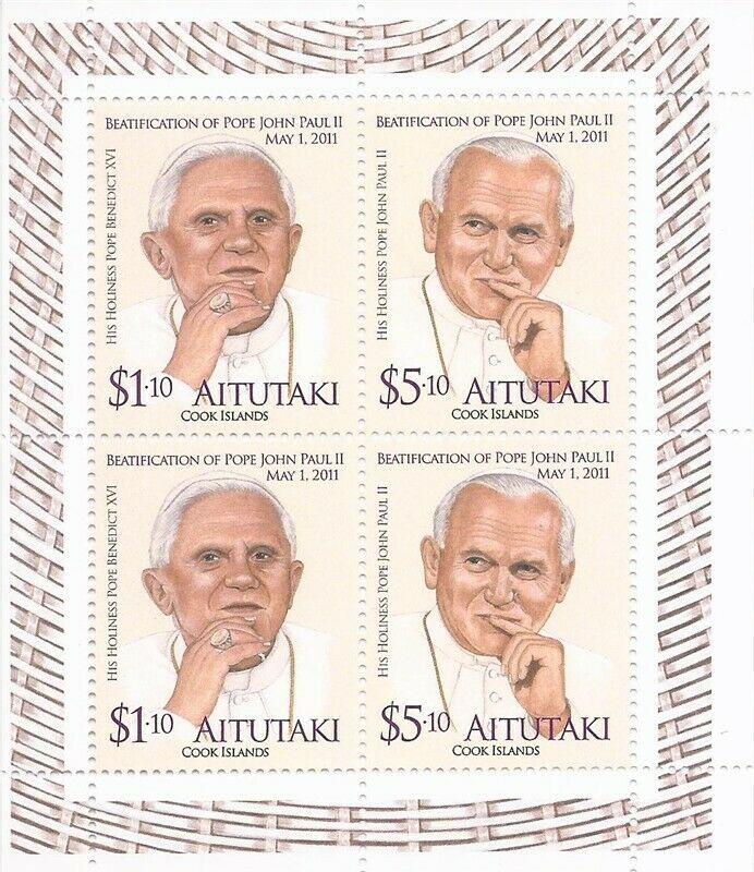WD03/09/21-Aitutaki 2013 Popes John Paul II & Benedict I 4 Stamp Sheet Scott