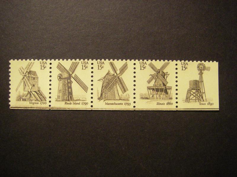 Scott 1738-1742 or 1742b, 15c Windmill booklet strip of 5, MNH Beauty