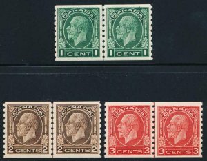 CANADA 205-207 MINT VF HINGED KGV VT. 8 1/2 COIL LINE PAIRS