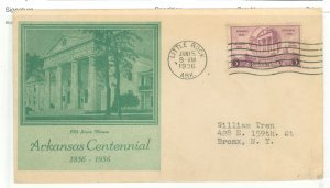 US 782 1936 3c Arkansas statehood 100th anniversary First Day cover with a scarce Stoutzenberg green cachet.