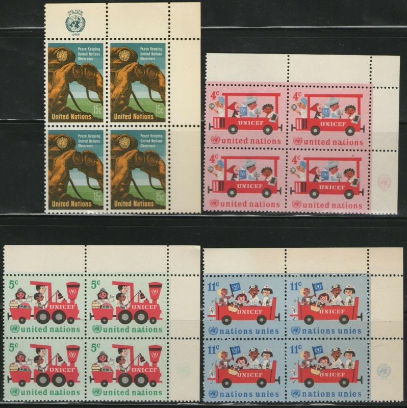 UN NY MNH Scott # 160-163 UNICEF & Peacekeeping Inscription Blocks (16 Stamps)-2