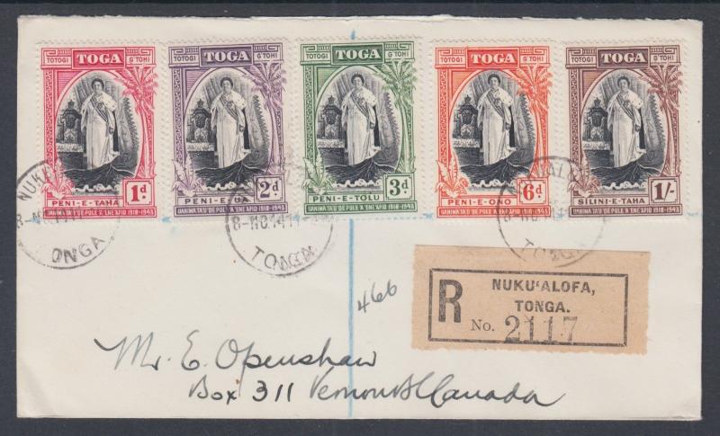 Tonga Sc 82-86 on 1944 Registered Cover to Canada