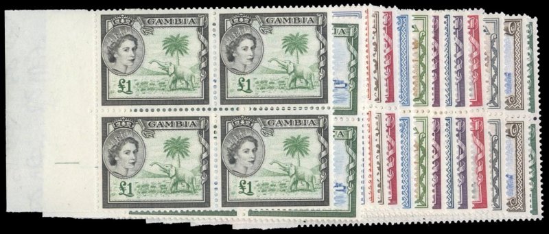 Gambia #153-167 Cat$394.80, 1953 QEII, complete set in blocks of four, never ...