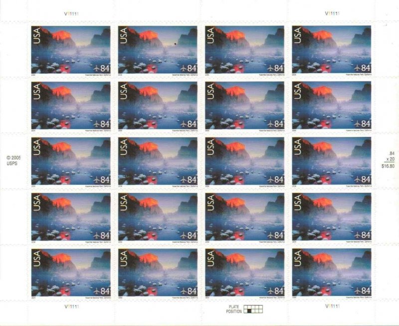 Yosemite National Park Sheet of Twenty 84 Cent Airmail Postage Stamps Scott C141