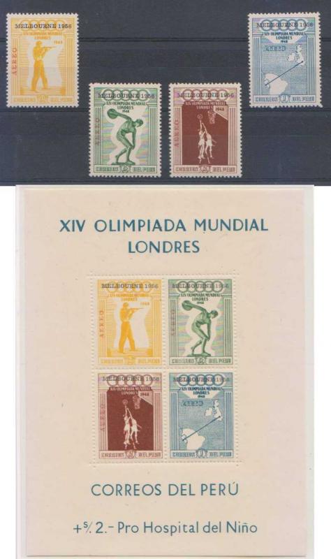 PERU 1956 MELBOURNE & OLYMPICS Yvert PA116-119 & BF2 SET & S. SHEET MNH F,VF €67 