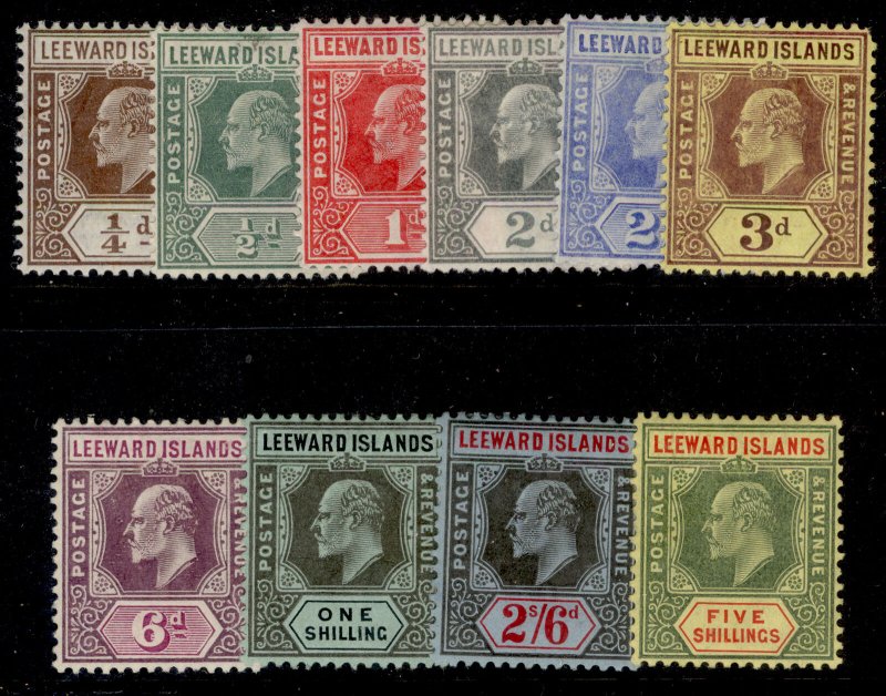 LEEWARD ISLANDS EDVII SG36-45, 1907-11 complete set, M MINT. Cat £140.