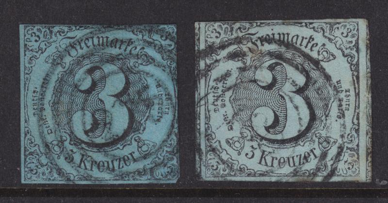 Thurn & Taxis Sc 43, 44 used. 1852 3k on blue papers