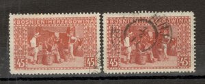 BOSNIA-AUSTRIA - 2 USED STAMPS, 45H - DIFERENT COLOR - 1906.