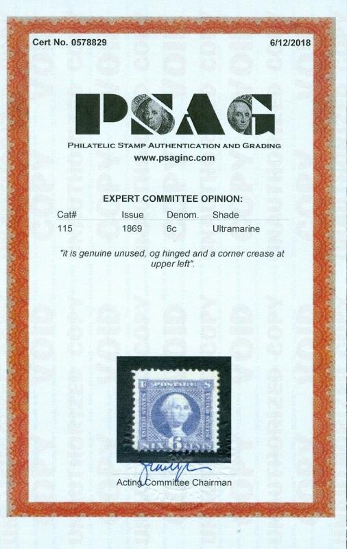 EDW1949SELL : USA 1869 Scott #115 Mint OG. Very Fresh. PSAG Cert. Cat $2,750.00.