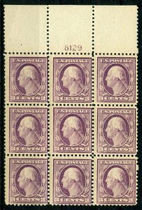 UNITED STATES 3c WASHINGTON  PLATE BLOCK OF NINE  SCOTT#501   MINT NEVER  HINGED