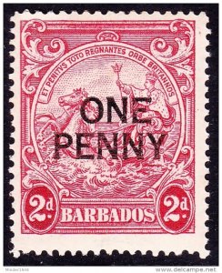 BARBADOS 1947 Red 2d Surcharge 1d SG264 Broken E Missing MNH