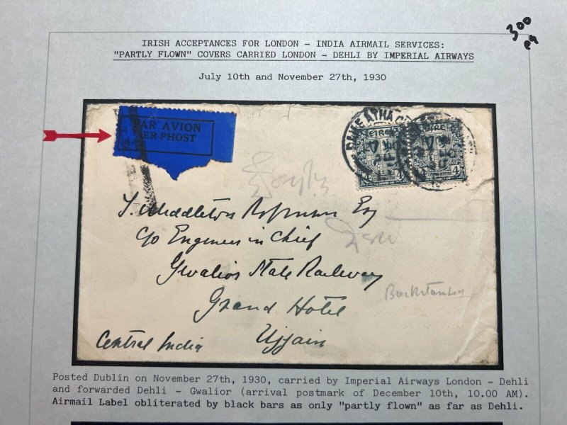 1930 Ireland Airmail Cover Dublin to Gwailor India via Imperial Airways