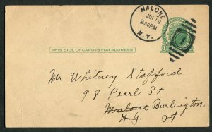 1928 Malone NY to Burlington VT Postal Card 1c Jefferson Malone Light & Power Co