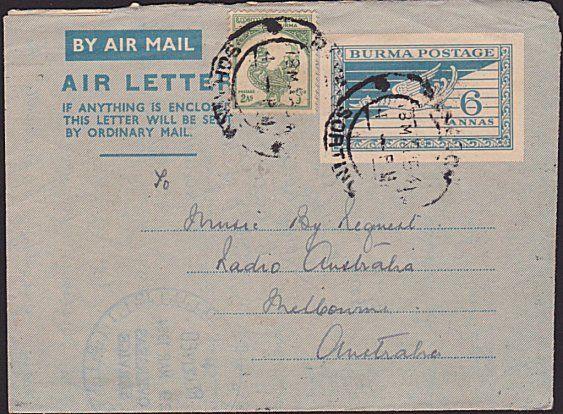 BURMA 1954 Uprated 6a aerogramme used to Australia - ex Rangoon.............5861