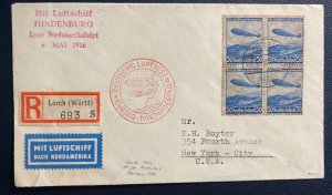 1936 Lorch Germany Hindenburg Zeppelin LZ 129 Airmail cover to USA