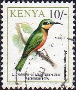 Kenya 604 - Used - 10/- Cinnamon-cheeked Bee-eater (1993) (cv $0.55)