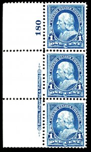 U.S. #247 MINT PL# STRIP OF 3 OG LH SML CREASE