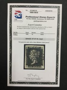 MOMEN: GREAT BRITAIN SC#1 USED *HK* PENNY BLACK **PSE CERTIFICATE**
