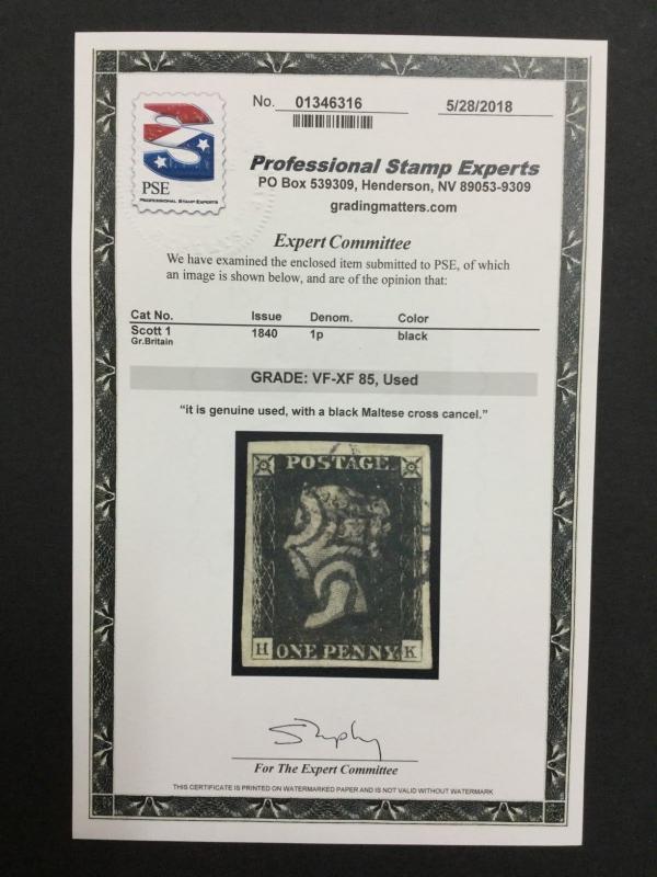 MOMEN: GREAT BRITAIN SC#1 USED *HK* PENNY BLACK **PSE CERTIFICATE**