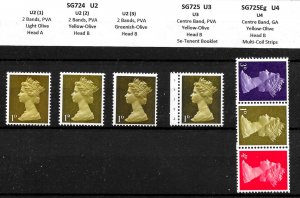 QEII 1967 1d SG724 / 725, 5 Specialised Shades: U2(1), (2), (3) +U3 +U4. MNH