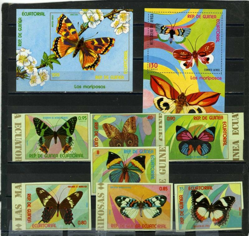 EQUATORIAL GUINEA BUTTERFLIES SET OF 7 STAMPS IMPERF. & 2 S/S MNH 