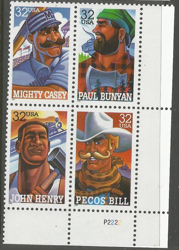 US 3086a, PLATE BLOCK, MNH, LR, FOLK HEROES