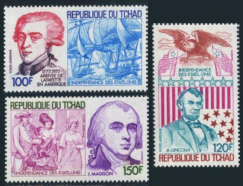 Chad C212-214,MNH.Mi 789-791. USA-200,1976.Lafayette,Ships;Lincoln,Eagle,Madison