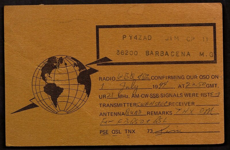 QSL QSO RADIO CARD Pic of Globe,Signal,Barbacena M. G., Brazil (Q2953)