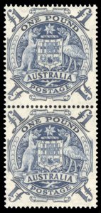 Australia #220 Cat$90, 1949 £1 deep blue, vertical pair, never hinged