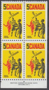 Canada -  #483 Lacrosse Plate Block - MNH