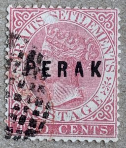 Malaya Perak 1883 2c rose. Rare used.  Scott 5, CV $70.00. SG 11