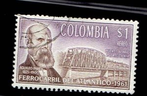 COLOMBIA SCOTT#C443 1962 $1 PRESIDENT AQUILEO PARRA RAILROAD BRIDGE - USED