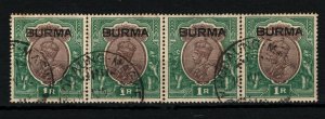 BURMA KGV Stamps STRIP OF FOUR 1R High Value Used *Khodaung Magwe* India SS3832